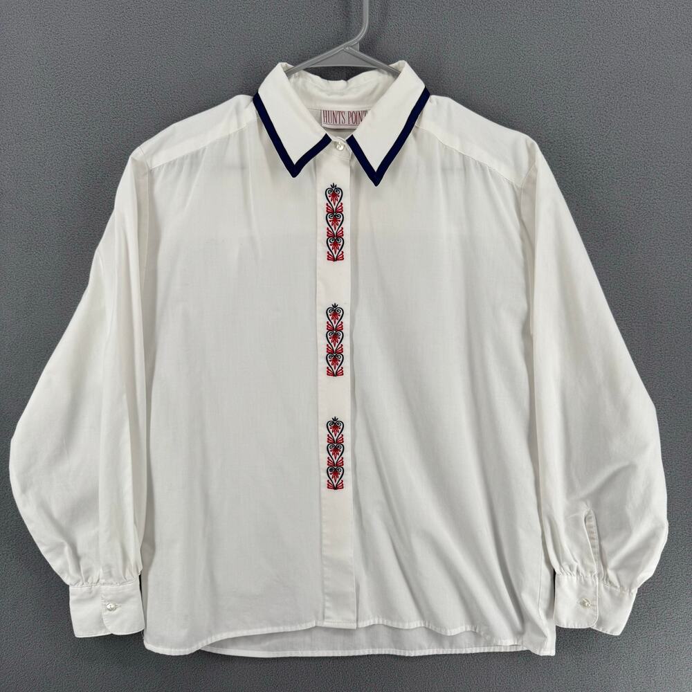Vintage Hunts Point Button Down Embroidered Long Sleeve Shirt Womens‎ 12 White